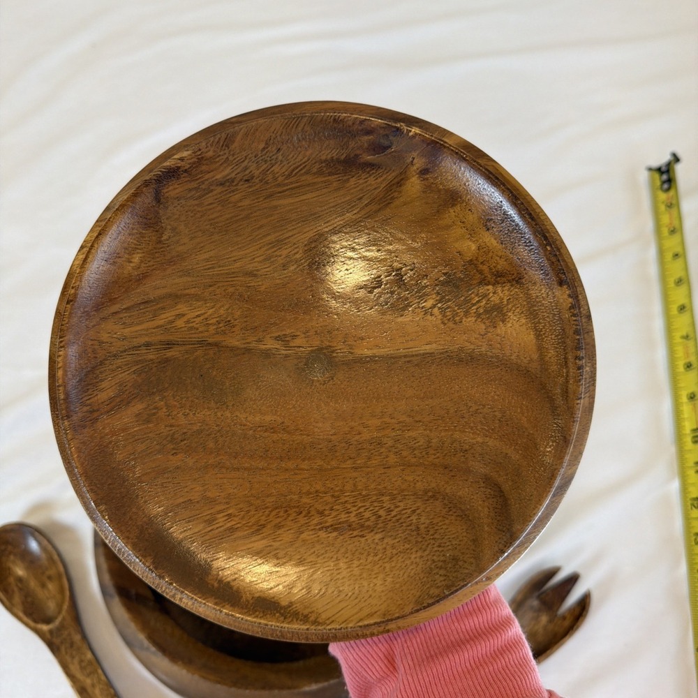 Genuine Hand-carved Monkey Pod Wood Soup Tureen With Lid Spoon Fork - Picture 4 of 8